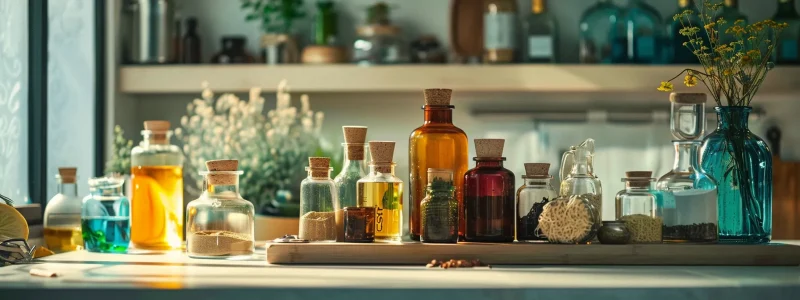 Saç Sağlığınız İçin En Etkili Doğal Bakım Yöntemleri 9 doğal malzemelerle dolu renkli şişelerin ve bitki özleriyle dolu cam kavanozların yer aldığı görsel.