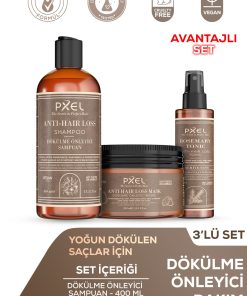 PXEL Dökülme Önleyici Şampuan - Maske - Biberiye Saç Bakım Toniği 3’lü Set | Zayıflayan İncelen ve Dökülen Saçlar |400 ML, 300 ML, 150 ML