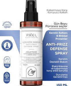 PXEL Keratin Shield Anti-Frizz Defense Spray, saçlarda elektriklenme ve kabarmaya karşı etkili bir koruma kalkanı oluşturmak için özel olarak geliştirilmiştir. Keratin, bitkisel proteinler ve jojoba yağı ile zenginleştirilmiş formülü sayesinde saçı ağırlaştırmadan pürüzsüzlük kazandırır, nem dengesini korur ve gün boyu kontrol altına alır.
