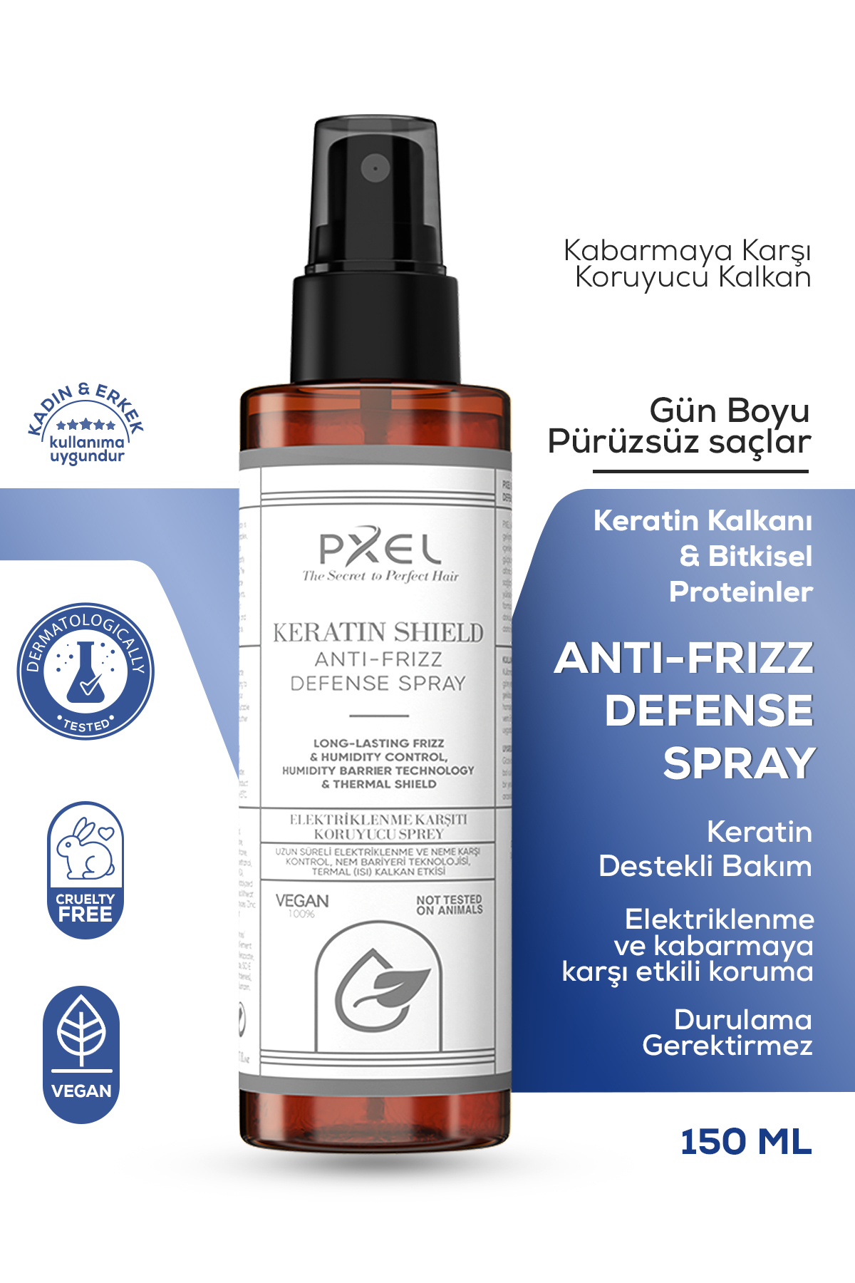 PXEL Keratin Shield Anti-Frizz Defense Spray, saçlarda elektriklenme ve kabarmaya karşı etkili bir koruma kalkanı oluşturmak için özel olarak geliştirilmiştir. Keratin, bitkisel proteinler ve jojoba yağı ile zenginleştirilmiş formülü sayesinde saçı ağırlaştırmadan pürüzsüzlük kazandırır, nem dengesini korur ve gün boyu kontrol altına alır.