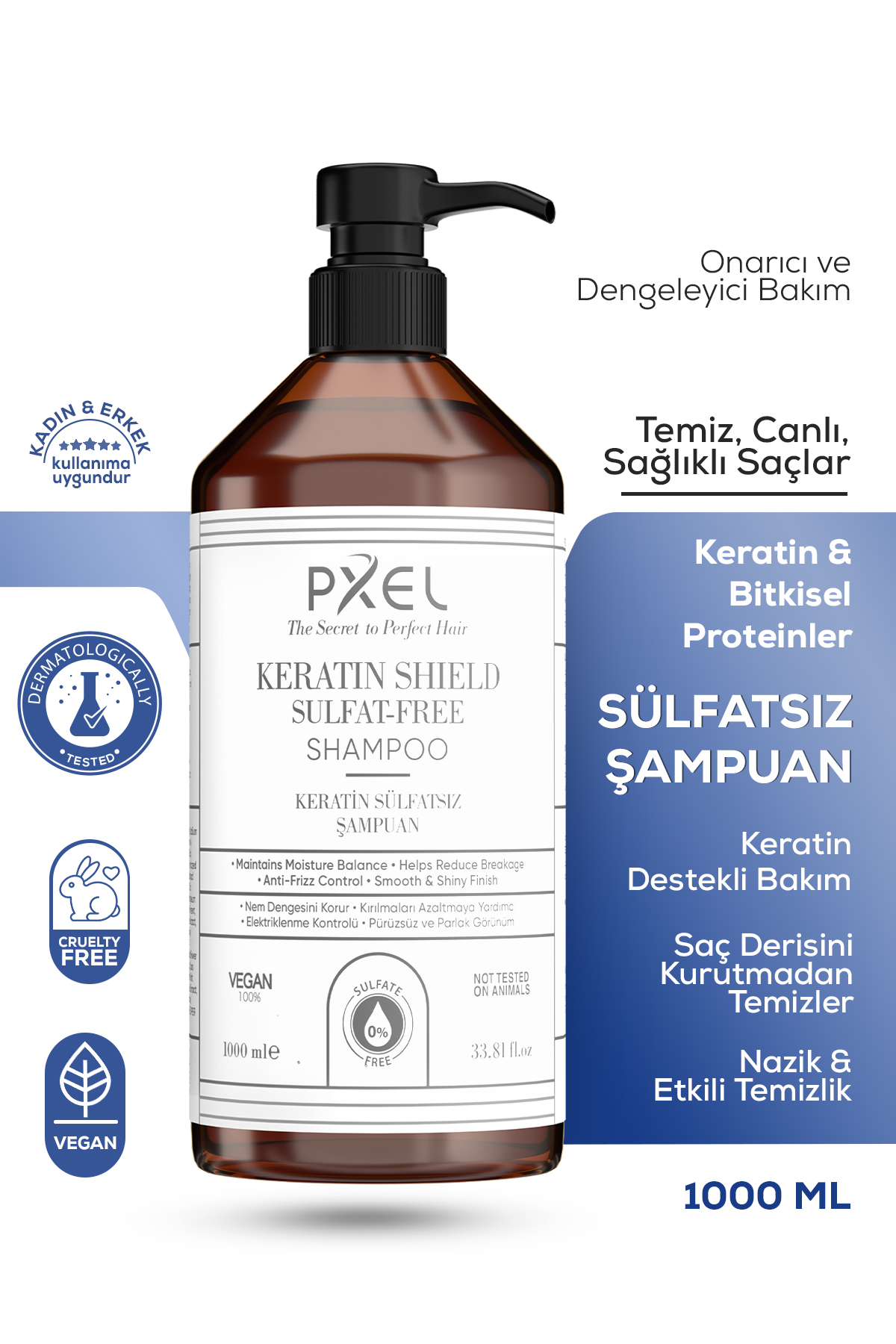 PXEL Keratin Shield Sulfate-Free Shampoo, saçın doğal nem dengesini koruyarak nazik fakat etkili temizlik sağlamak üzere geliştirilmiş sülfatsız bir şampuandır. Keratin, bitkisel proteinler, amino asit kompleksi ve fermente mineral içerikleri sayesinde saç tellerini güçlendirmeye, onarmaya ve dış etkenlere karşı korumaya yardımcı olur.