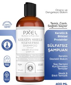 PXEL Keratin Shield Sulfate-Free Shampoo, saçın doğal nem dengesini koruyarak nazik fakat etkili temizlik sağlamak üzere geliştirilmiş sülfatsız bir şampuandır. Keratin, bitkisel proteinler, amino asit kompleksi ve fermente mineral içerikleri sayesinde saç tellerini güçlendirmeye, onarmaya ve dış etkenlere karşı korumaya yardımcı olur.