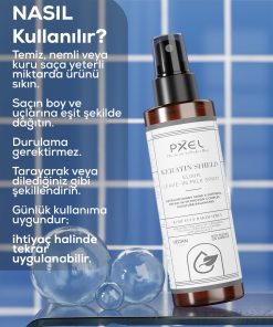 PXEL Keratin Shield Elixir Leave-In Milk Spray, yıpranmış ve nem ihtiyacı olan saçlar için özel olarak geliştirilmiş durulanmayan süt formüllü bakım spreyidir. Bitkisel proteinler, amino asit kompleksi, vitaminler ve fermente mineral içerikleri sayesinde saç tellerini derinlemesine besler, onarır ve gün boyu koruma sağlar.
