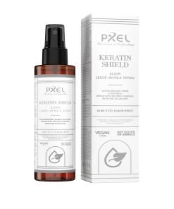 PXEL Keratin Shield Elixir Leave-In Milk Spray, yıpranmış ve nem ihtiyacı olan saçlar için özel olarak geliştirilmiş durulanmayan süt formüllü bakım spreyidir. Bitkisel proteinler, amino asit kompleksi, vitaminler ve fermente mineral içerikleri sayesinde saç tellerini derinlemesine besler, onarır ve gün boyu koruma sağlar.