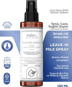 PXEL Keratin Shield Elixir Leave-In Milk Spray, yıpranmış ve nem ihtiyacı olan saçlar için özel olarak geliştirilmiş durulanmayan süt formüllü bakım spreyidir. Bitkisel proteinler, amino asit kompleksi, vitaminler ve fermente mineral içerikleri sayesinde saç tellerini derinlemesine besler, onarır ve gün boyu koruma sağlar.