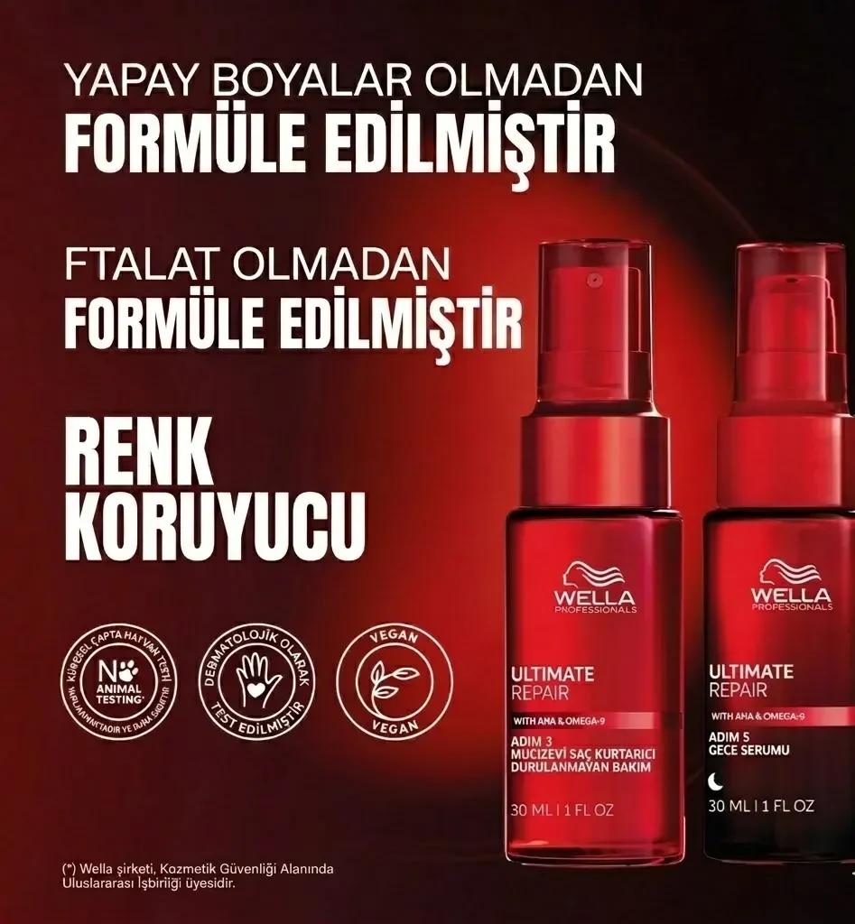Wella Ultimate Repair Miracle Hair Rescue ve Gece Serumu — yapay boyasız, ftalatsız, renk koruyucu, vegan formül