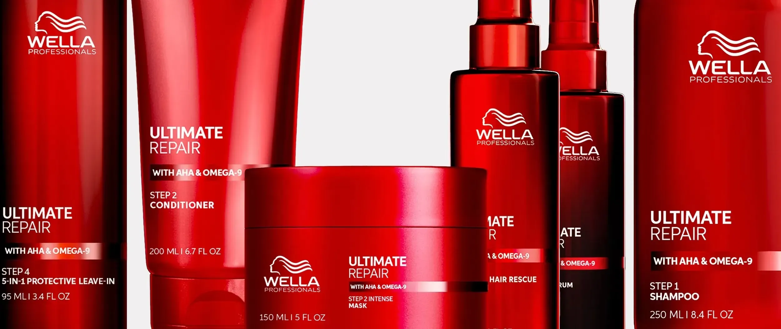 Wella Ultimate Repair tam ürün serisi — Step 1 Shampoo, Step 2 Conditioner & Mask, Step 3 Miracle Hair Rescue, Step 4 Leave-In, Gece Serumu