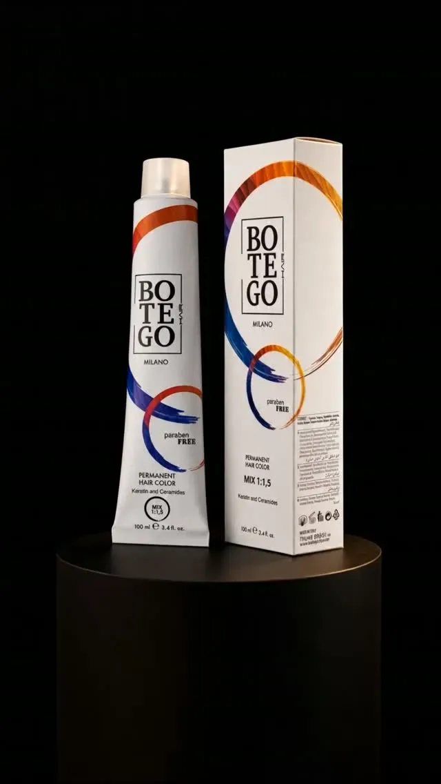 Botego Milano kalıcı krem saç boyası 100 ml tüp ve kutusu; keratin ve seramid içerikli, parabensiz formül