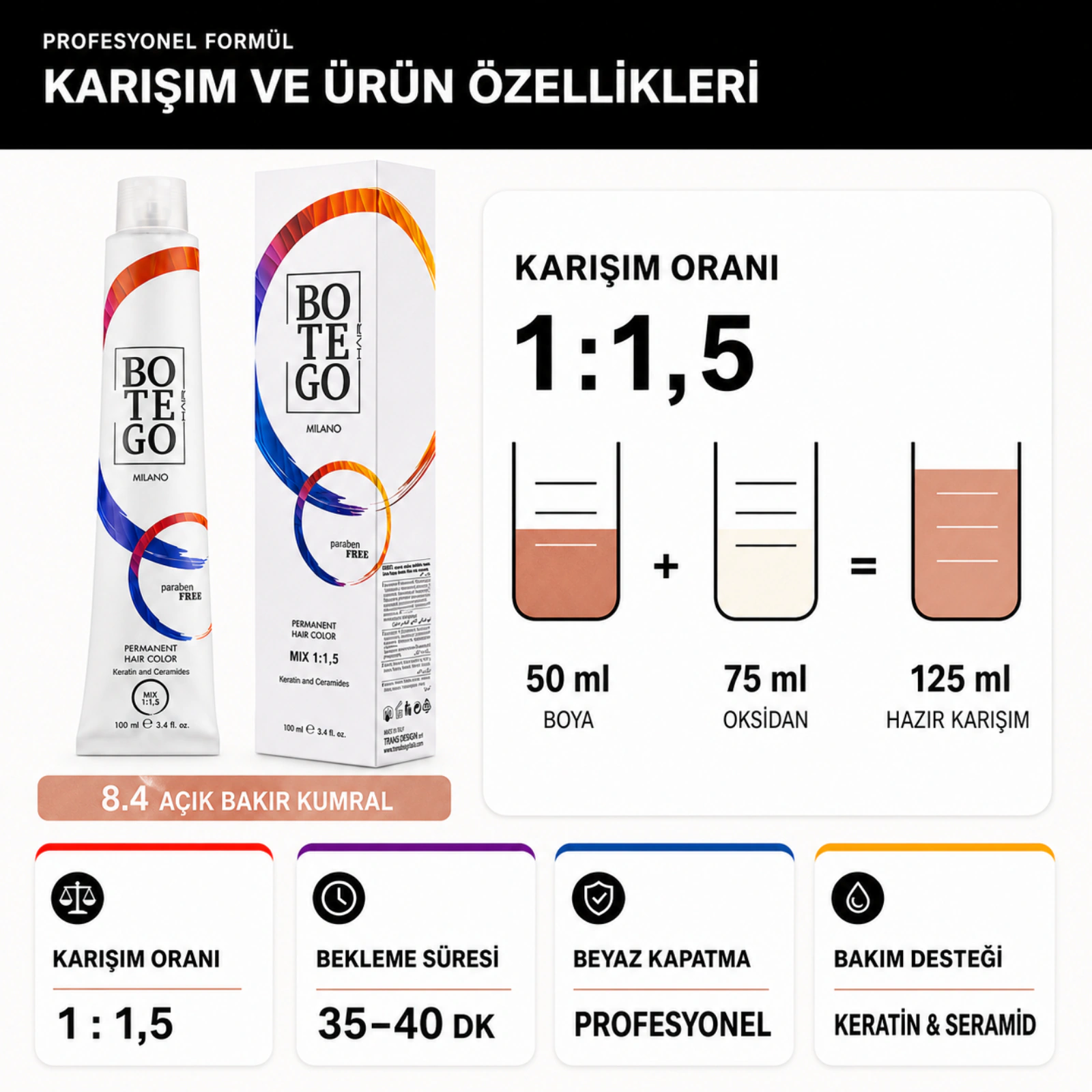 Botego Milano 8.4 Açık Bakır Kumral Saç Boyası 100 Ml 6 Botego Milano 8.4 Açık Bakır Kumral Saç Boyası 100 ml - Görsel 4