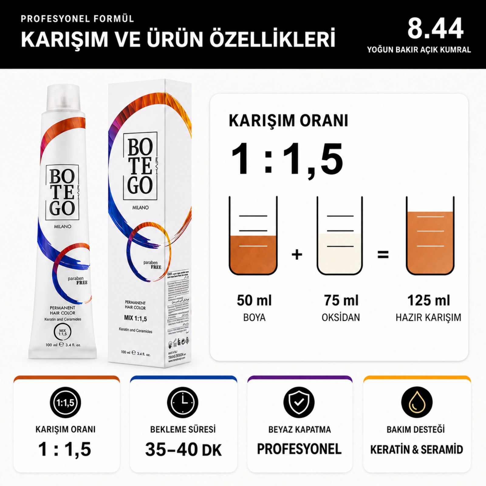 Botego Milano 8.44 Yoğun Bakır Açık Kumral Saç Boyası 100 Ml 6 Botego Milano 8.44 Yoğun Bakır Açık Kumral Saç Boyası 100 ml - Görsel 4