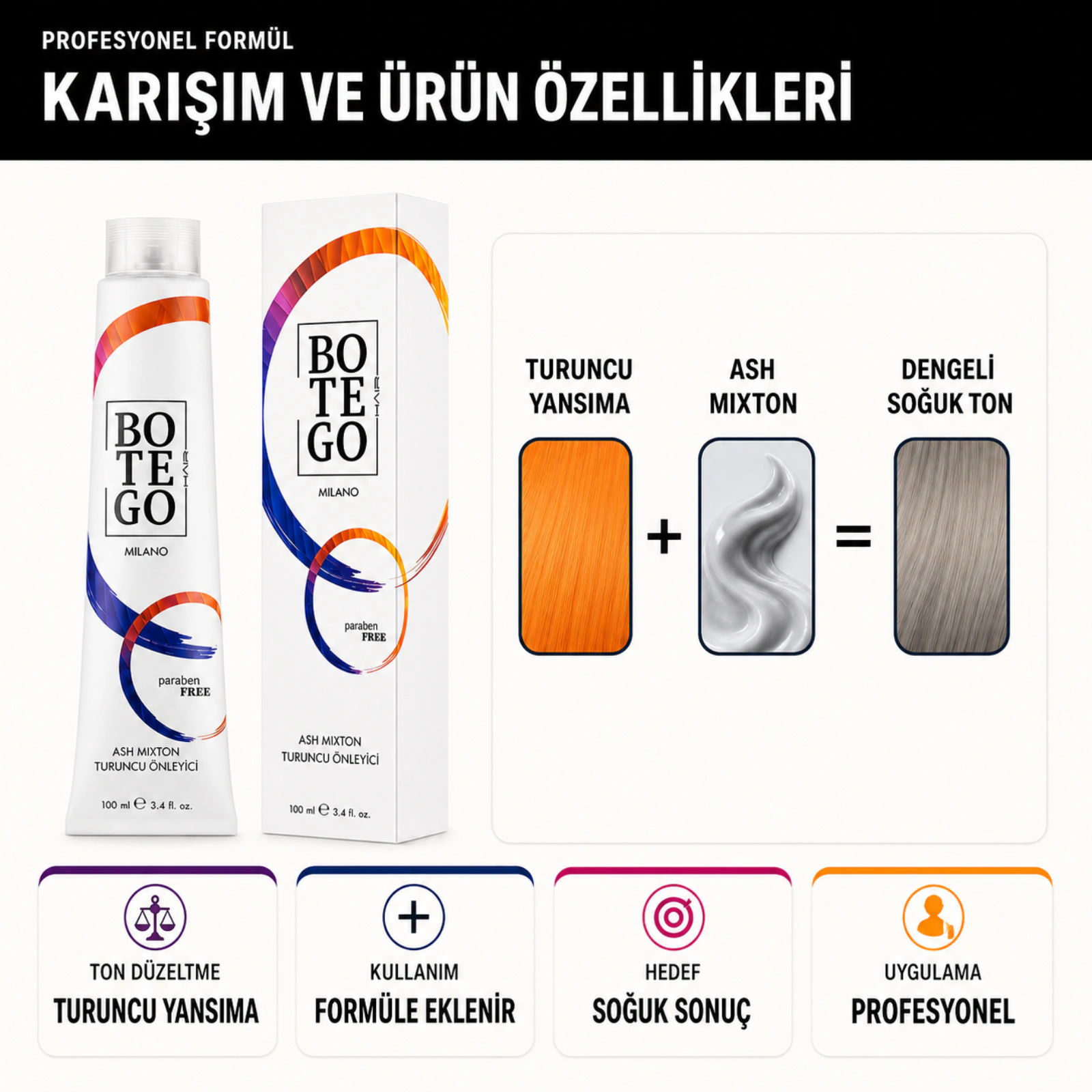 Botego Milano Ash Mixton Turuncu Önleyici Saç Boyası 100 Ml 6 Botego Milano ASH Mixton Turuncu Önleyici Saç Boyası 100 ml - Görsel 4