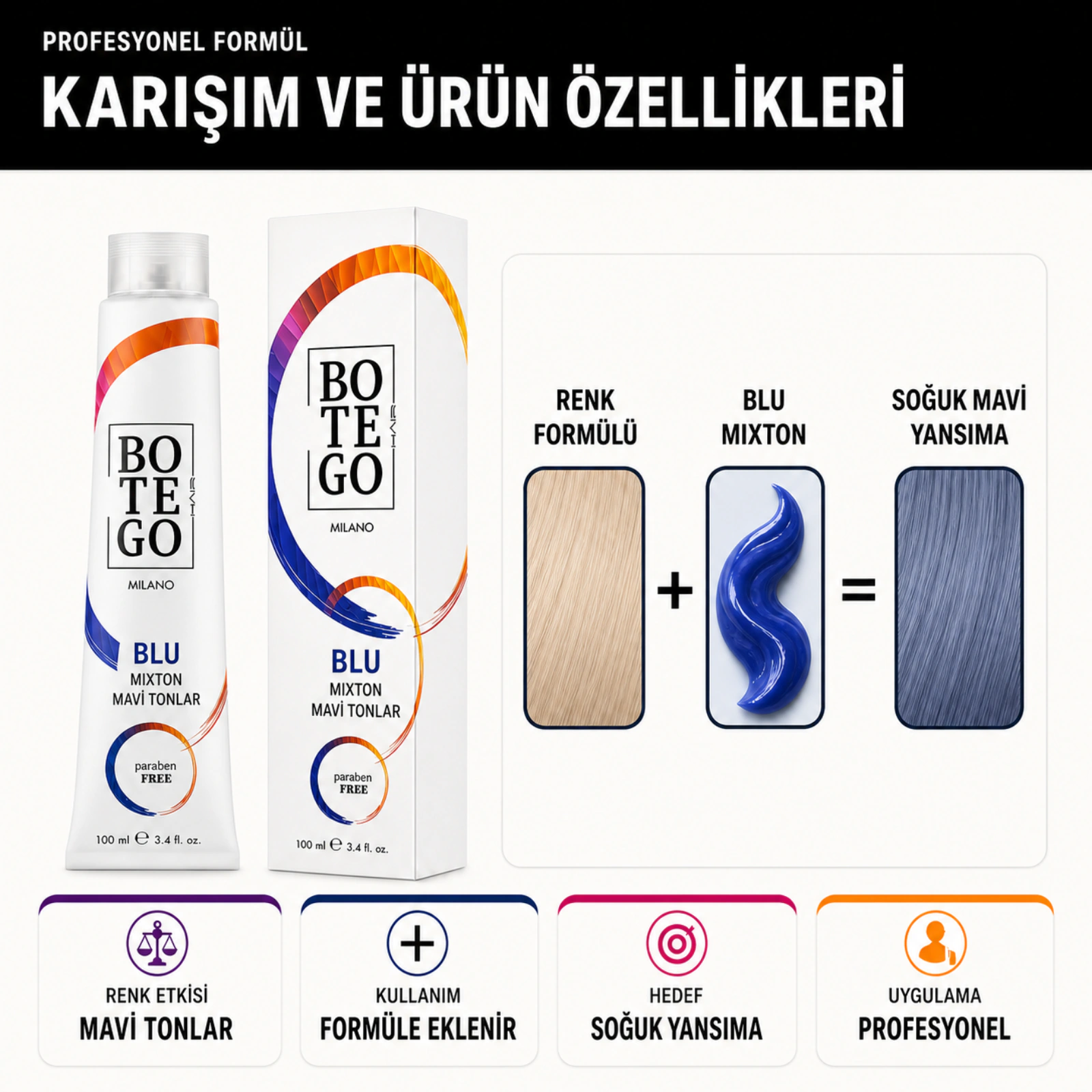 Botego Milano Blu Mixton Mavi Tonlar Saç Boyası 100 Ml 6 Botego Milano BLU Mixton Mavi Tonlar Saç Boyası 100 ml - Görsel 4