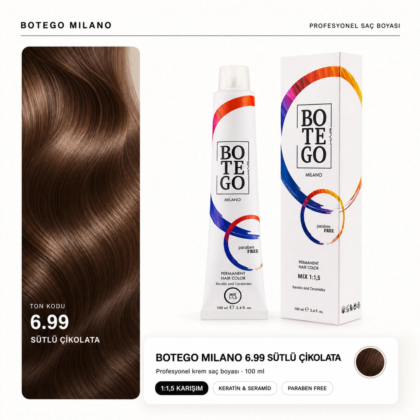 Botego Milano 6.99 Sütlü Çikolata Saç Boyası 100 Ml 3 Botego Milano 6.99 Sütlü Çikolata Saç Boyası 100 ml