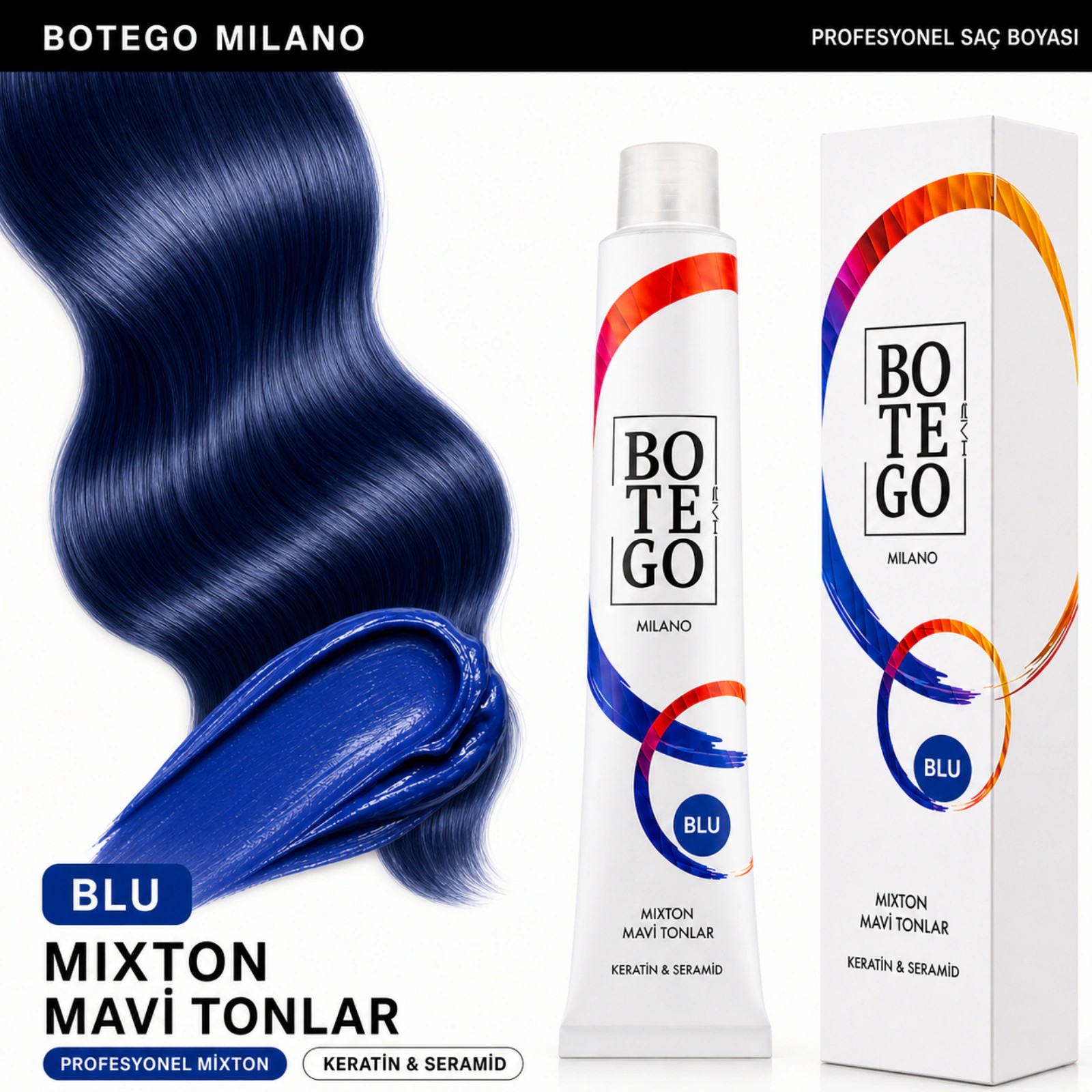 Botego Milano Blu Mixton Mavi Tonlar Saç Boyası 100 Ml 3 Botego Milano BLU Mixton Mavi Tonlar Saç Boyası 100 ml
